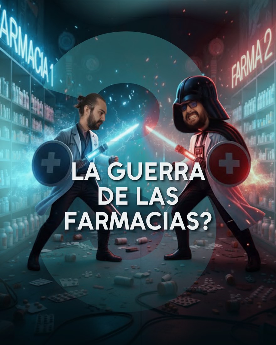 Fuga 3: La guerra de las farmacias — Doc Edu de bata blanca contra un Darth Vader de bata, con sables de luz hechos de jeringas