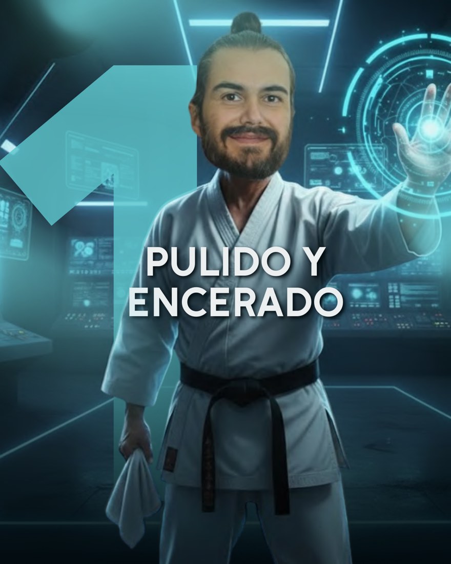 Fuga 1: Pulido y encerado — Doc Edu vestido de karateca frente a una pantalla holográfica