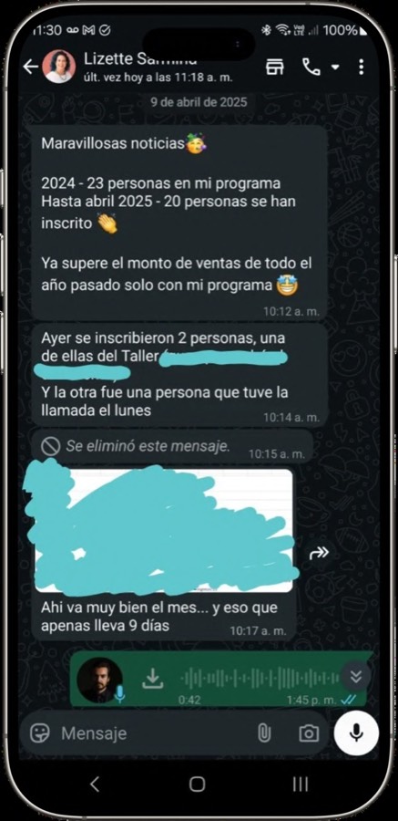 Mensaje de WhatsApp de Lizette: en 2024 tuvo 23 personas en su programa y para abril de 2025 ya llevaba 20 inscritas, superando el monto de ventas de todo el año anterior