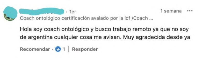 Comentario en LinkedIn de una coach ontológica certificada por la ICF buscando trabajo remoto